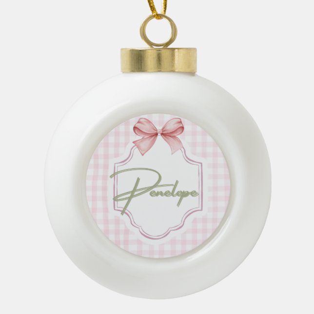 Personalized Penelope Baby Girl Nursery Gingham  Ceramic Ball Christmas Ornament (Front)