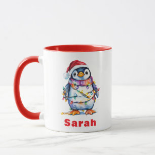 Personalized Penguin Christmas Lights Custom Name Mug