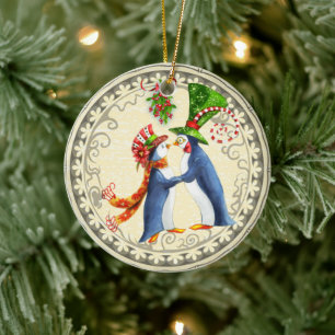 Personalized Penguin Couple Mistletoe Christmas Ceramic Tree Decoration