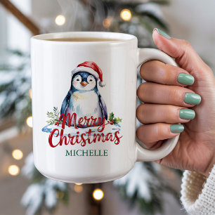 Personalized Penguin in Santa Hat Christmas        Coffee Mug
