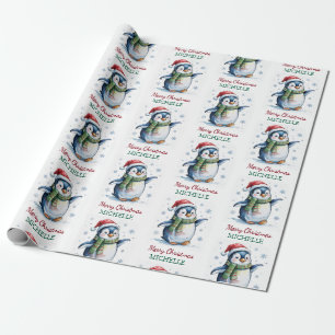 Personalized Penguin in Santa Hat Christmas Wrapping Paper
