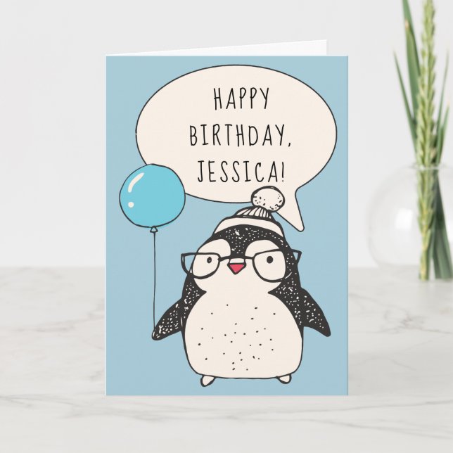 Personalized Penguin with a Blue Balloon Birthday Card (Front)