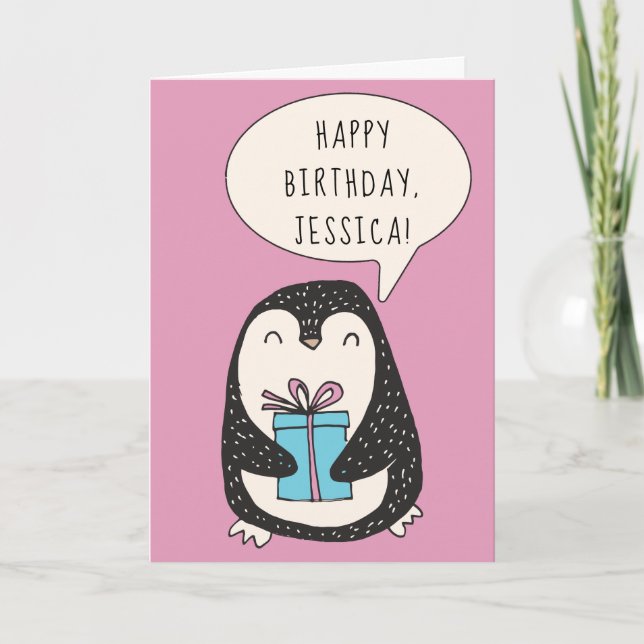 Personalized Penguin with a Wrapped Gift Birthday Card (Front)
