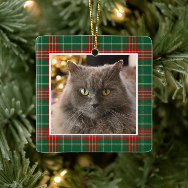 Personalized Pet Cat Dog Christmas Plaid Ceramic Ornament (Tree)