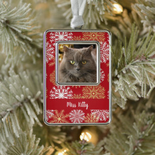 Personalized Pet Cat Dog Red Christmas Snowflake Silver Plated Framed Ornament