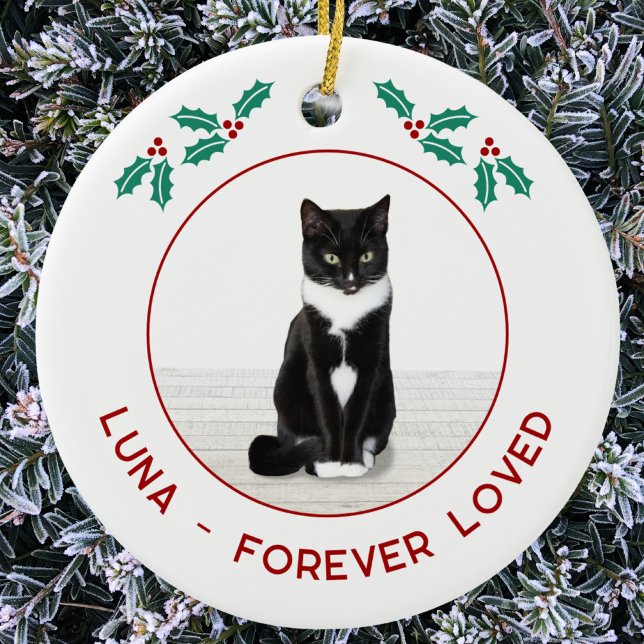 Personalized Pet Cat Memorial Christmas Photo Ceramic Tree Decoration (Personalized name text pet cat memorial photo Christmas ornament)