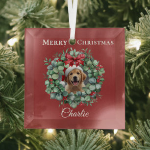 Personalized Pet Christmas with Wreath & Name Glass Tree Decoration