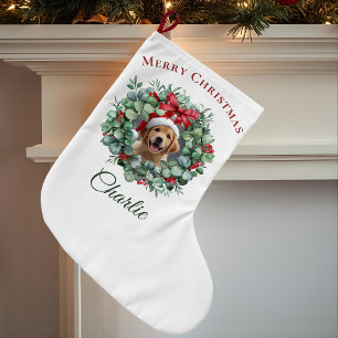 Personalized Pet Christmas with Wreath & Name Large Christmas Stocking