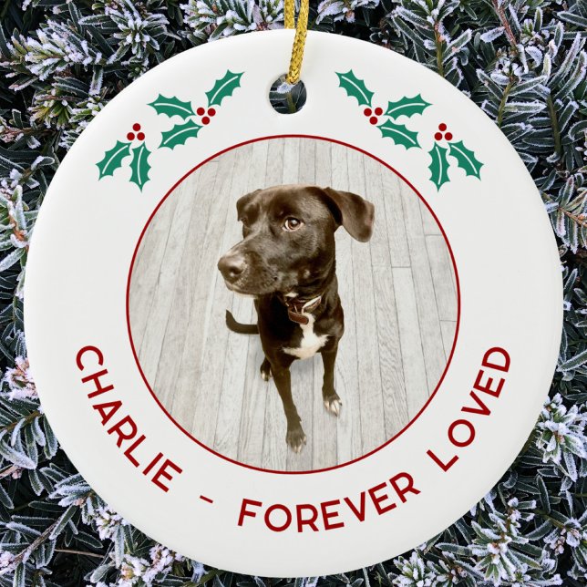 Personalized Pet Dog Memorial Christmas Photo Ceramic Tree Decoration (Personalized pet name and text dog photo memorial forever loved Christmas ornament)