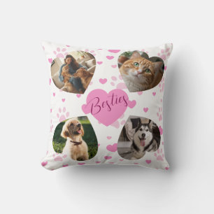 Personalized Pet Photo Collage Pink Hearts Cushion