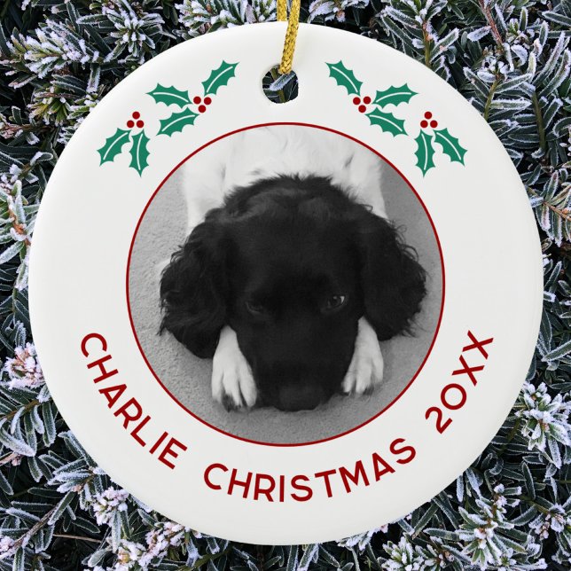 Personalized Pet Puppy Dog Christmas Photo Ceramic Tree Decoration (Personalized custom name year puppy dog photo Christmas ceramic ornament for animal lovers)