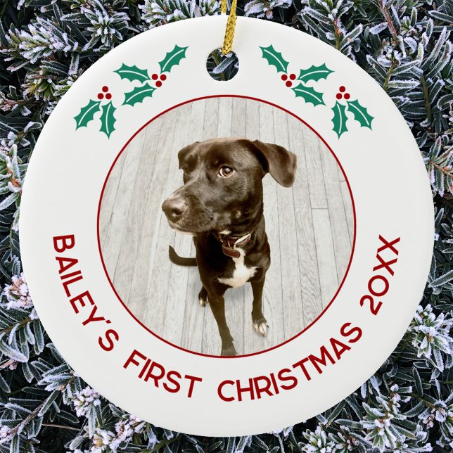 Personalized Pet Puppy Dog First Christmas Photo Ceramic Tree Decoration (Dog first Christmas photo ceramic ornament for pet lovers)