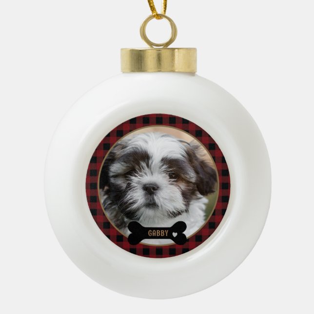 Personalized Pet  Red Plaid Christmas Ceramic Ball Christmas Ornament (Front)