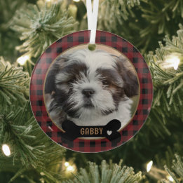 Personalized Pet  Red Plaid Christmas Glass Tree Decoration