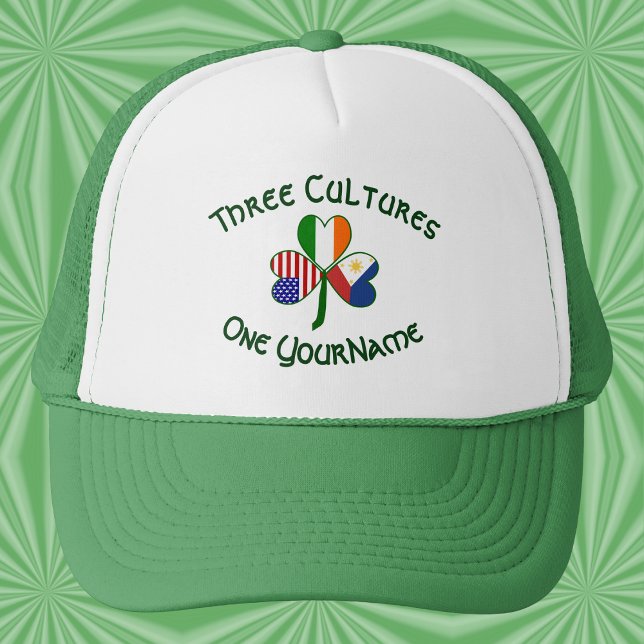 Personalized Philippines Ireland USA Flag Shamrock Trucker Hat (Trucker hat with a personalized Philippines‑Ireland‑USA Three Cultures shamrock.)