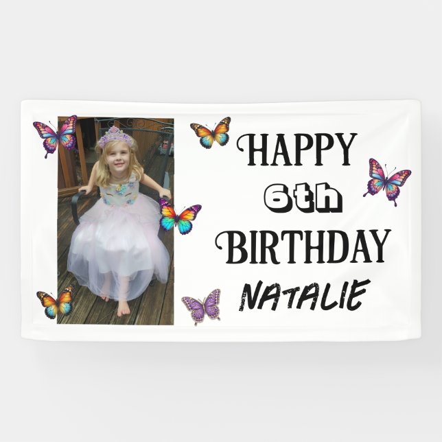 Personalized Photo and Age Butterfly Birthday Banner (Horizontal)