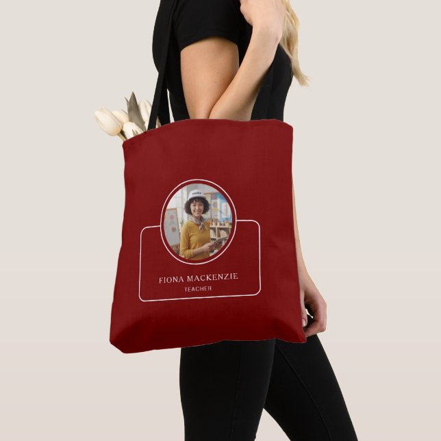 Personalized Photo and Name with Title Deep Red Tote Bag (Close Up)