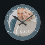 Personalized Photo and Text Photo Round Clock<br><div class="desc">Make a Personalized Photo wall clock from Ricaso - add your own photo and text - photo keepsake gifts - Our love has stood the test of time - perfect anniversary gift idea</div>