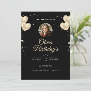 Personalized Photo Black & Gold Birthday  Invitation
