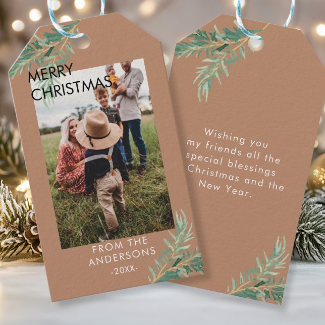 Personalized Photo Christmas gift tags (Personalized Photo, Leafy, Christmas Favor Tags. Your Name, Text & Photo.)
