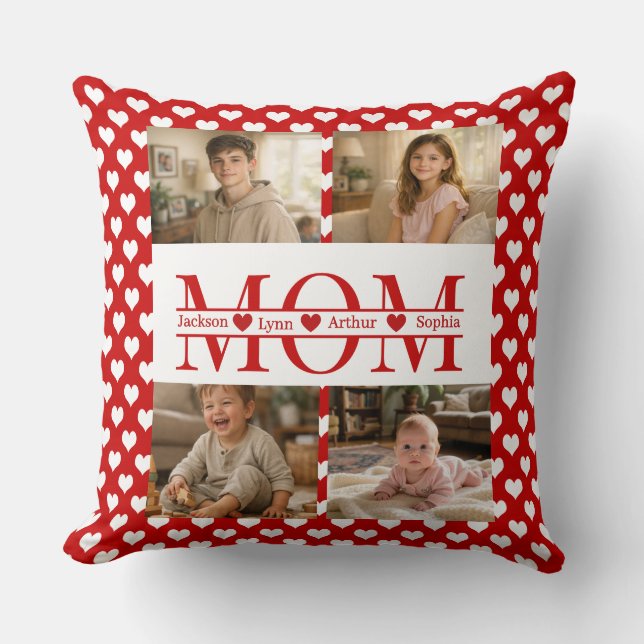 Personalized Photo Collage Mom Heart & Kids Name Cushion (Front)