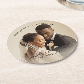 Personalized Photo Favor with Names & Wedding Date Round Paper Coaster