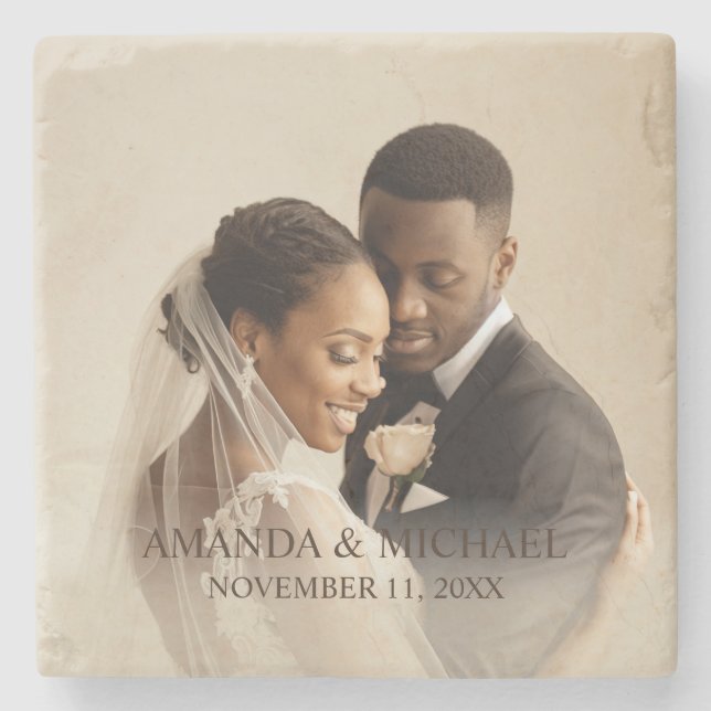 Personalized Photo Favor with Names & Wedding Date Stone Coaster (Front)