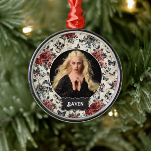 Personalized Photo Gothic Rose and Skull Christmas Metal Tree Decoration