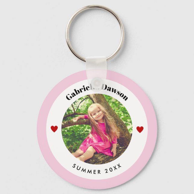 Personalized Photo in Baby Pink White Circle Heart Key Ring (Front)