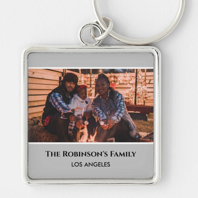 Personalized Photo in Gray Frame with Texts Key Ring (Front)