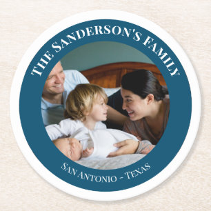 Personalized Photo in Turquoise Circle with Texts Round Paper Coaster