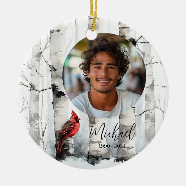 Personalized Photo Memorial Birch Tree Christmas Ceramic Tree Decoration (Front)