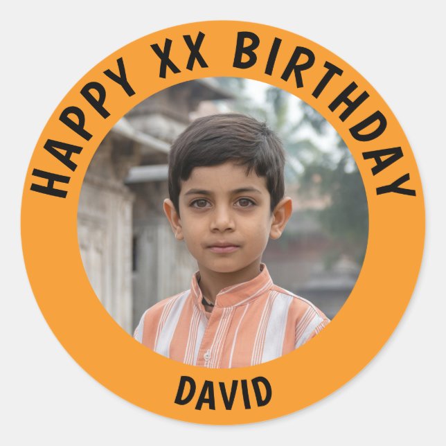Personalized Photo, Name And Age Birthday Classic Round Sticker (Front)