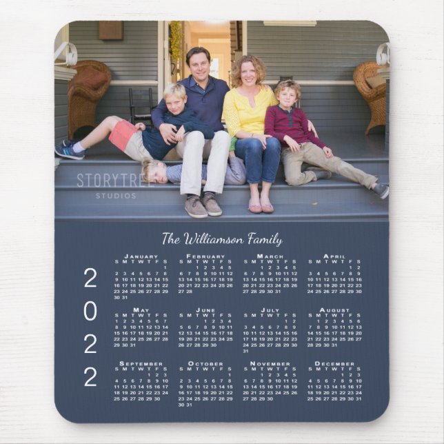 Personalized Photo Name Navy Blue 2022 Calendar Mouse Mat (Front)