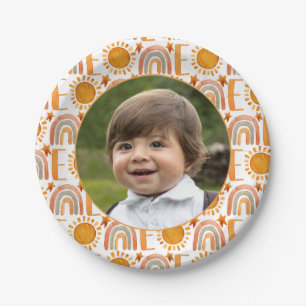 Personalized Photo "One" Rainbow & Sunshine Paper Plate