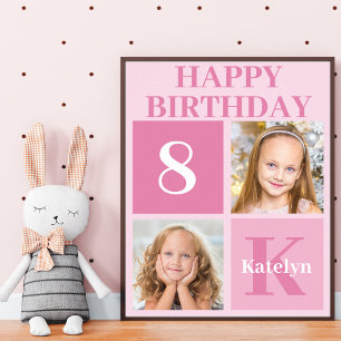 Personalized Photo Pink Girls Happy Birthday Party Poster