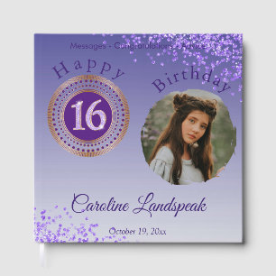 Personalized Photo Purple Glitter, 16th Birthday Guest Book