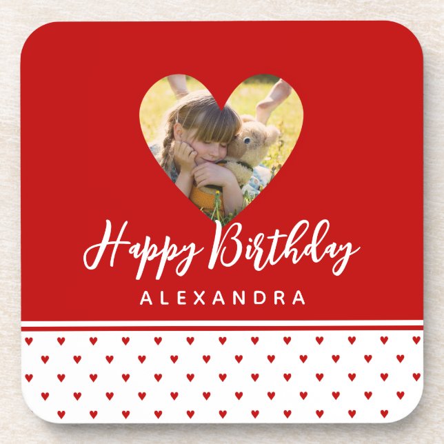 Personalized Photo Red Heart Frame Modern Birthday Coaster (Front)