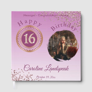 Personalized Photo Rose Gold Glitter 16th Birthday Guest Book