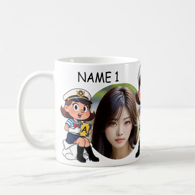 Personalized PHOTO Sailor Cartoon Character - NAME Coffee Mug (Left)