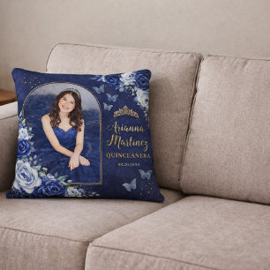 Personalized Photo Sweet 16 Royal Blue Quinceañera Cushion
