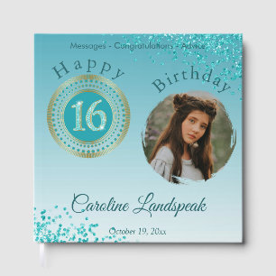 Personalized Photo Teal Blue Glitter 16th Birthday Guest Book