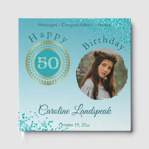 Personalized Photo Teal Blue Glitter 50th Birthday Guest Book