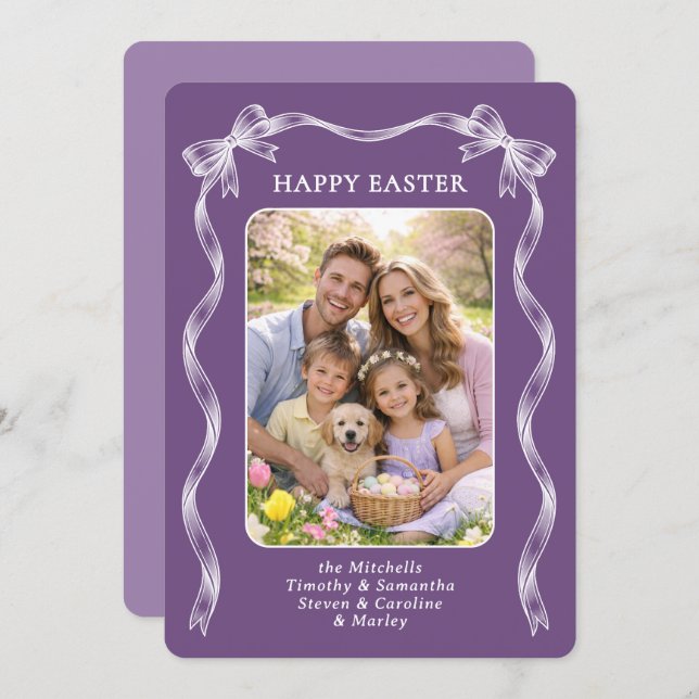 Personalized Photo White Ribbon On Violet Easter Holiday Card (Front/Back)