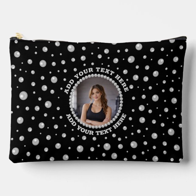 Personalized Photo with Pearls Circle on Black Accessory Pouch (Front)