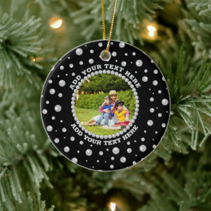 Personalized Photo with Pearls Circle on Black Ceramic Tree Decoration