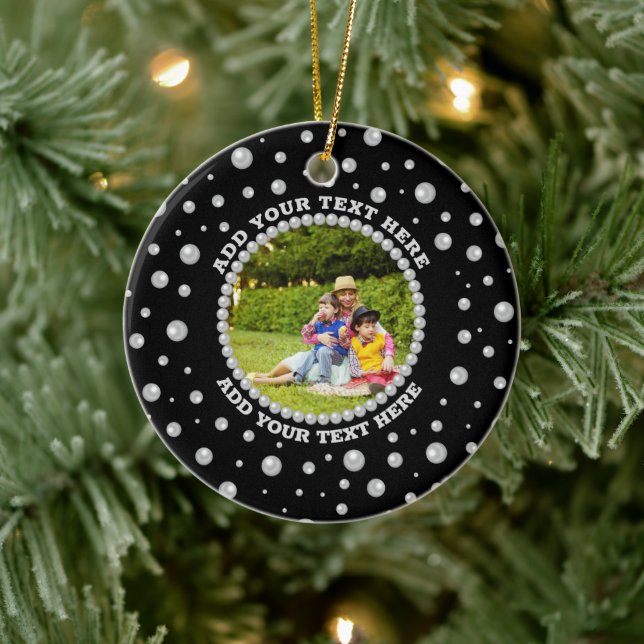 Personalized Photo with Pearls Circle on Black Ceramic Tree Decoration (Tree)