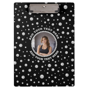 Personalized Photo with Pearls Circle on Black Clipboard