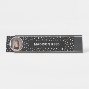 Personalized Photo with Pearls Circle on Black Desk Name Plate