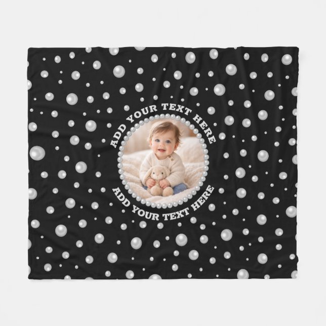 Personalized Photo with Pearls Circle on Black Fleece Blanket (Front (Horizontal))